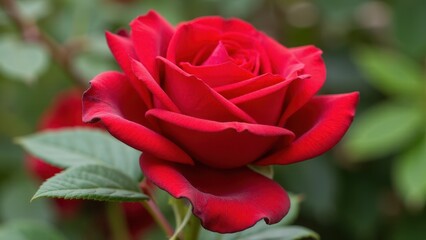 A vibrant red rose in full bloom with lush green leaves in the background.