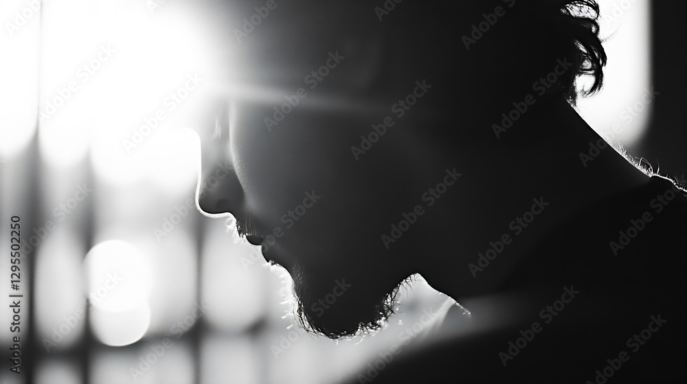 Aufkleber Silhouette of a man in profile contemplating with bright light from the background : Generative AI