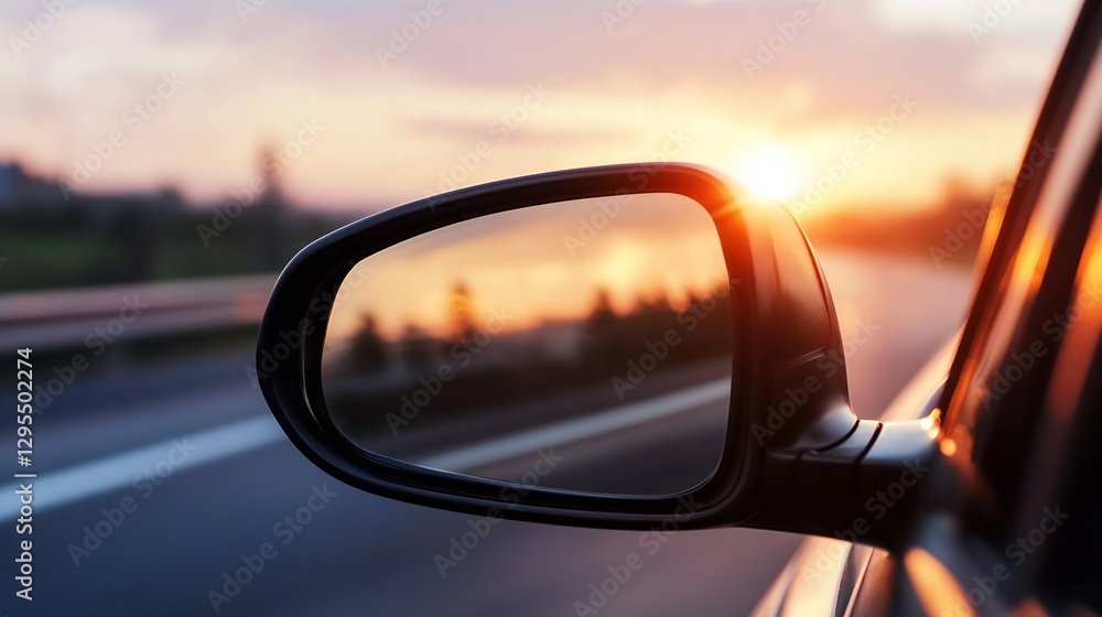 Aufkleber View from inside a vehicle showing a side mirror reflecting a beautiful sunset on a highway : Generative AI