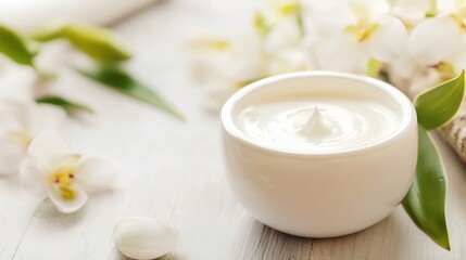 Obraz na płótnie Canvas Natural Cream in White Container Surrounded by Orchid Flowers on Wooden Surface for Skincare : Generative AI