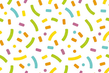 Colorful abstract seamless pattern with curved and straight shapes on white background.