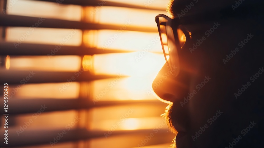 Poster profile of a man in glasses against the backdrop of warm sunset light and shadows : generative ai