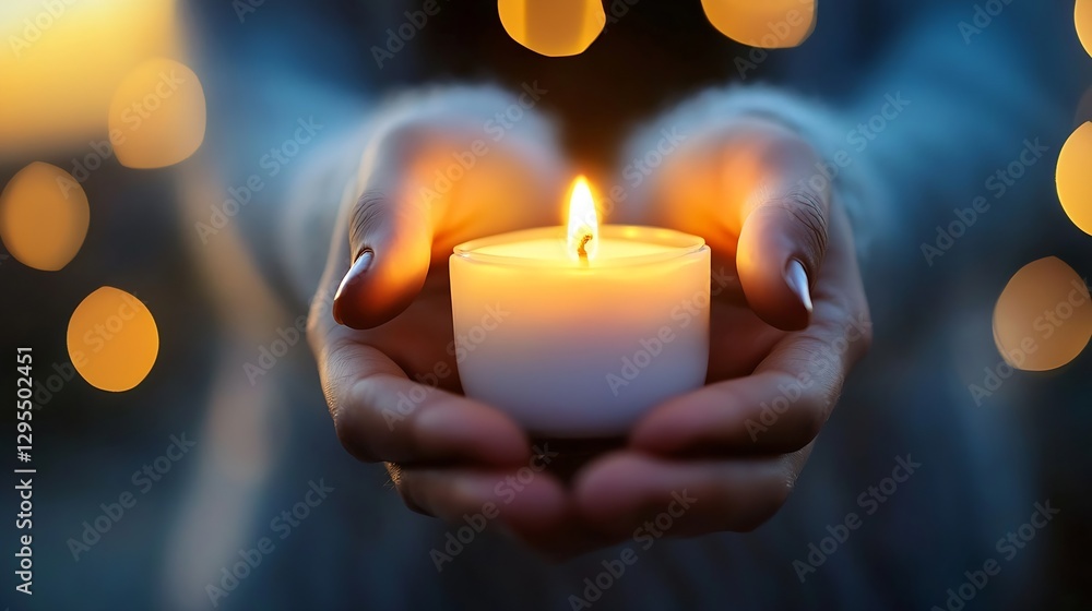 Aufkleber Enchanting Candle Glow in Hands Surrounded by Bokeh Lights Creating a Magical Atmosphere : Generative AI