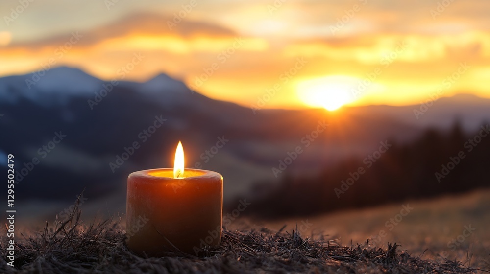 Poster candle lit against a fading sunset in a natural setting : generative ai