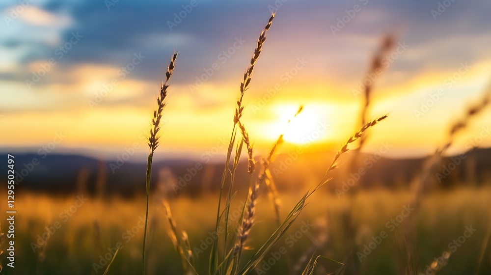 Poster golden sunset over wheat grass field with gentle breeze and vibrant sky in nature setting : generati