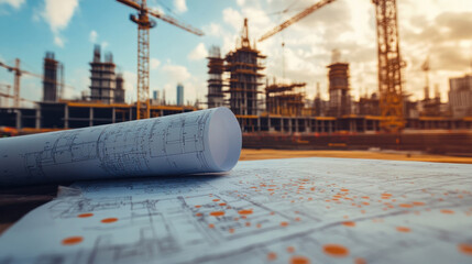 Saudi Arabian engineers at a construction site, reviewing architectural blueprints, cranes lifting steel beams in the background