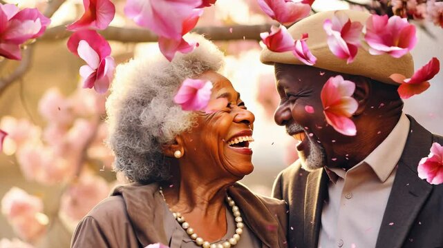 Portrait of lovely happy elderly afro american black couple on morning run outside in city park, retirees wife and husband rejoice in active lifestyle, smiling woman tenderly embracing her spouse afte