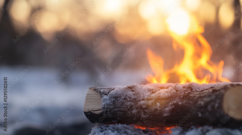 Poster warm flames dance on a winter log creating cozy ambiance in nature : generative ai