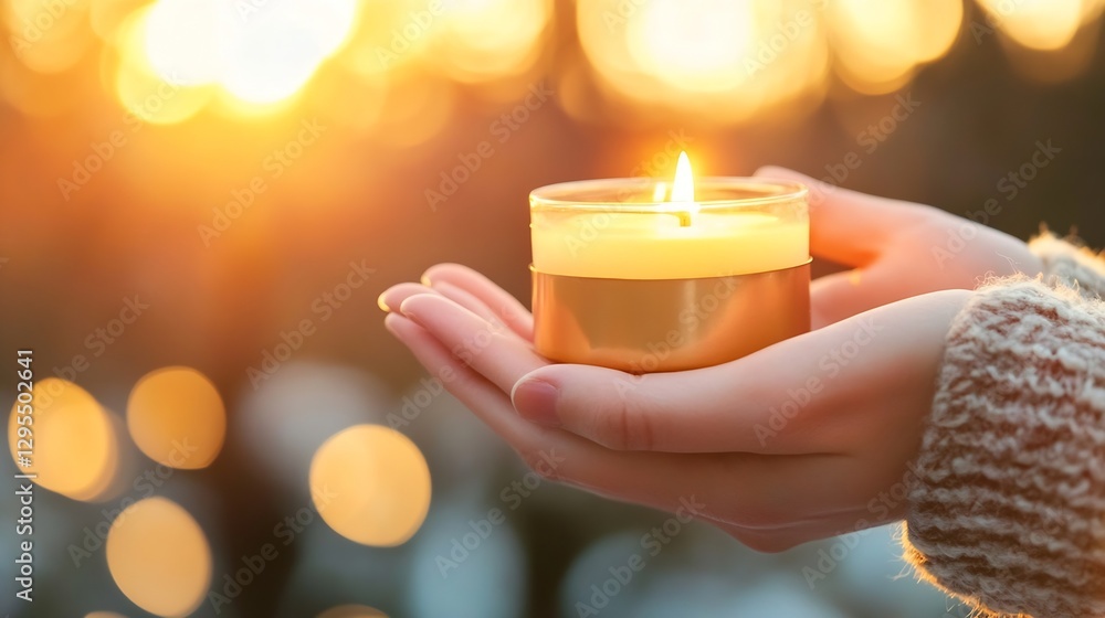 Poster hands holding a glowing candle in the soft glow of sunset for warmth and ambiance : generative ai