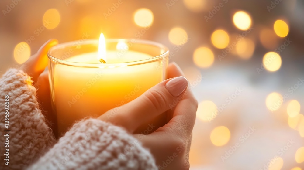 Aufkleber Hands holding a glowing candle with warm bokeh effect creating a peaceful ambiance : Generative AI