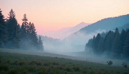 Fototapeta premium Misty forest landscape with soft focus and pastel colors, gentle fog rolling in , foggy, color gradient, nature