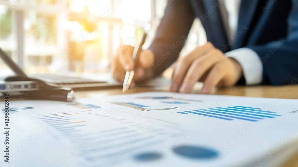 Aufkleber Professional Hands Writing on Financial Reports with Data Charts and Laptop in Office Setting : Generative AI