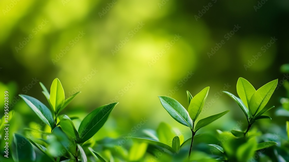 Poster Closeup of lush green leaves basking in soft sunlight creating a serene background : Generative AI