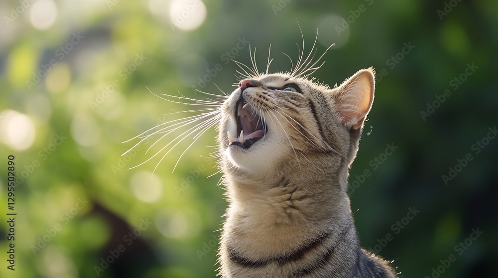 Poster playful cat looking upward through a gentle sunlit greenery background : generative ai