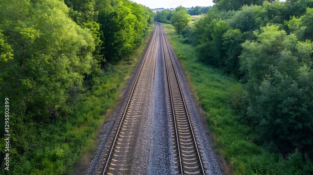 Aufkleber Aerial view of railway tracks surrounded by lush greenery and trees : Generative AI