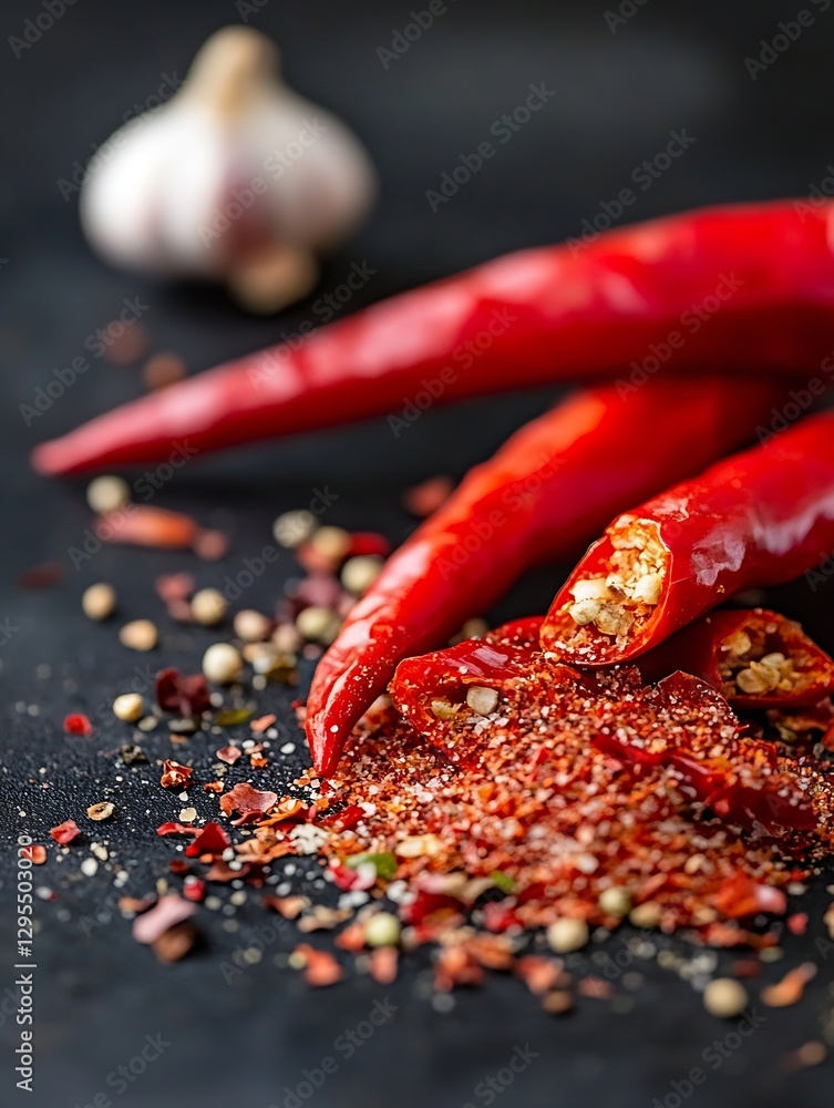 Poster vibrant red chili peppers with garlic and spices on a dark textured surface creating a culinary focu
