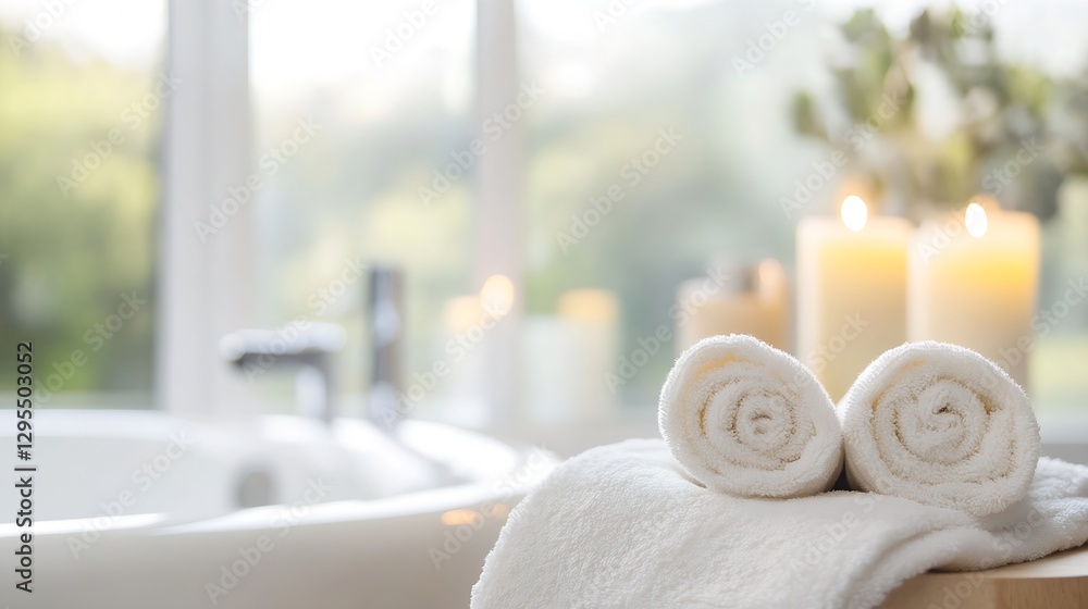 Poster spa relaxation scene with rolled towels and candles creating a tranquil atmosphere for self-care and
