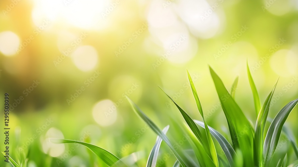 Poster vibrant close up of fresh green grass gently illuminated by sunlight in a serene natural setting : g