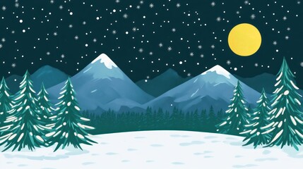 Fototapeta premium A peaceful winter scene with mountains trees and night sky