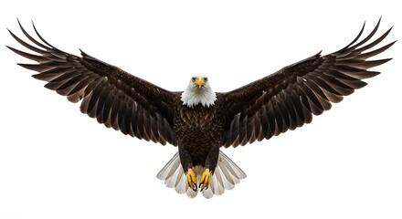 Obraz premium A majestic bald eagle soaring with wings spread wide, isolated on a white background