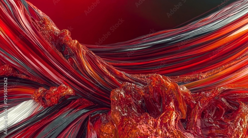 Aufkleber dynamic deep red swirls twisting through glossy black in an abstract artistic ink composition