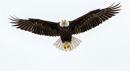 Naklejka premium A majestic bald eagle soaring with wings spread wide, isolated on a white background