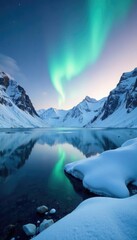 Snowy Spitsbergen landscape with frozen fjord and snow-capped mountains, mountains, aurora borealis