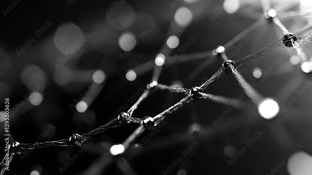 Poster Elegant black and white abstract network design with intricate connections and glowing spheres : Generative AI