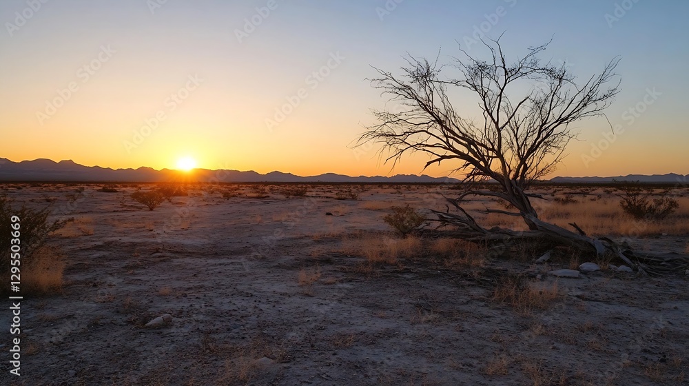 Poster serene landscape featuring a lone tree in the desert at sunset with vibrant colors : generative ai