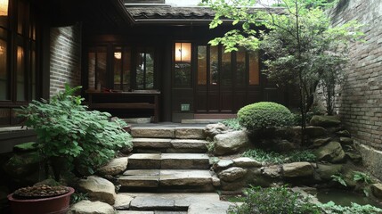 Fototapeta premium A home's entrance surrounded by neatly arranged rock garden elements.