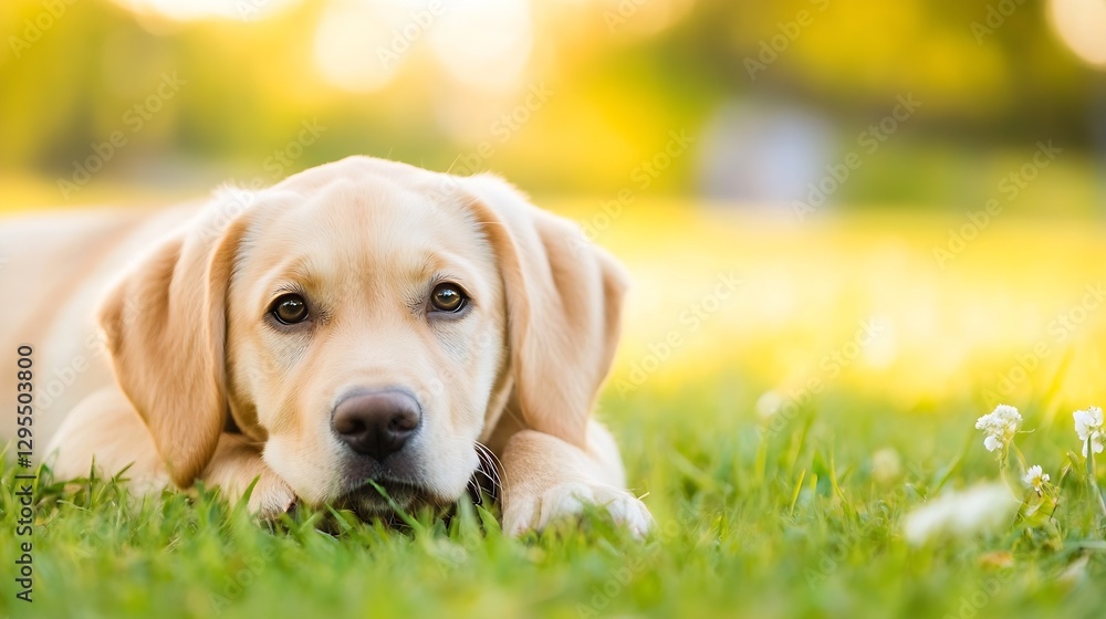 Poster closeup of a golden retriever puppy resting on green grass in a sunny park setting capturing pure jo