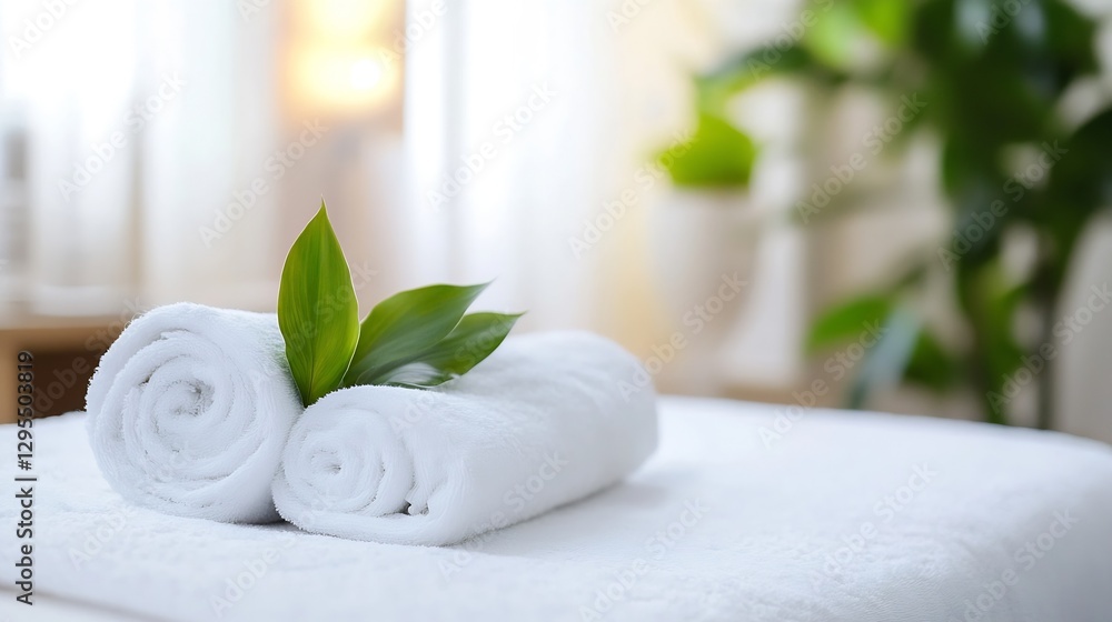 Poster spa setting with rolled white towels and fresh leaf for relaxation and wellness : generative ai
