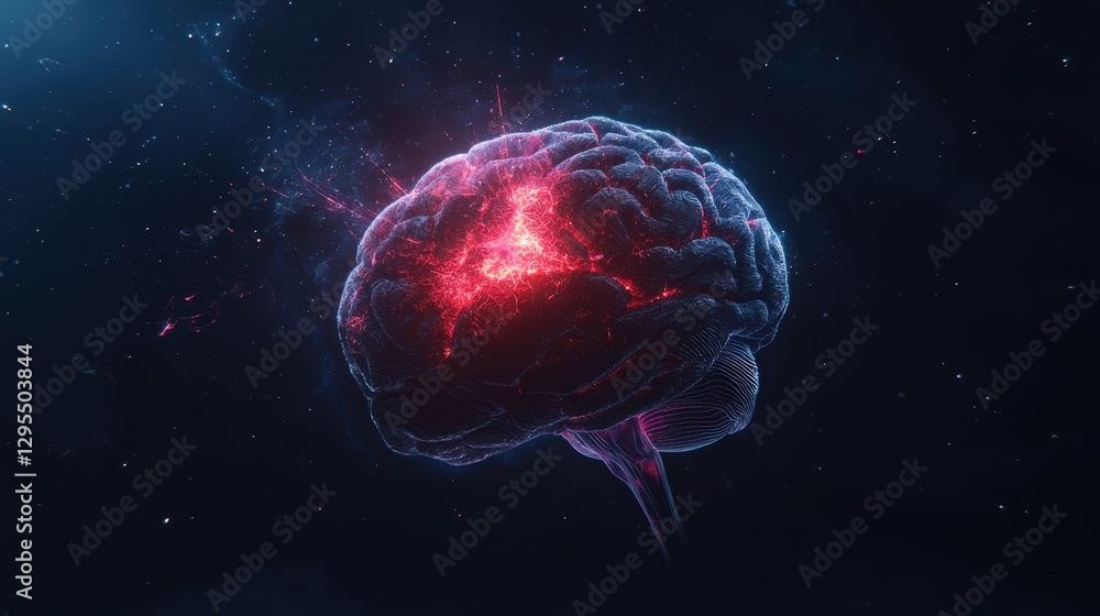 Poster glowing brain on starry field neurological processes, human intellect, cosmic backdrop