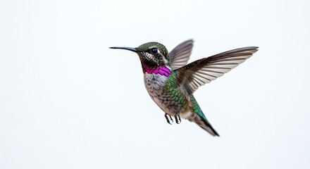 Naklejka premium A tiny hummingbird hovering mid-air, its iridescent feathers shimmering, isolated on a white background