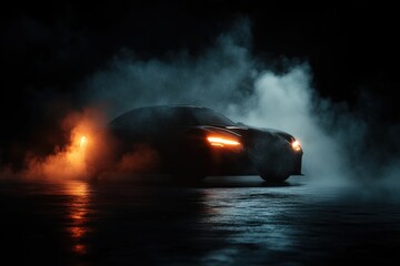Sleek black sports car emerges from dense fog with glowing headlights on wet asphalt in dramatic low angle shot