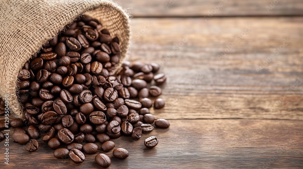 Poster Spilled coffee beans creating a rustic and inviting atmosphere on wooden table background : Generative AI