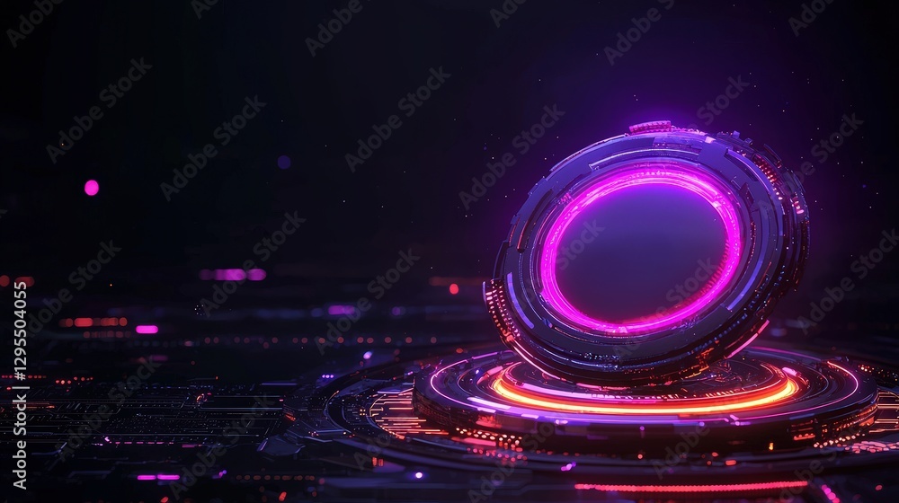 Poster glowing circular tech hub rising on futuristic platform in a dark environment