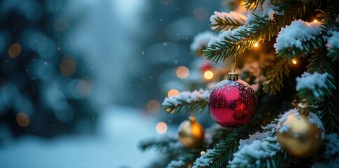 Snowy tree branch with festive lights and ornaments, twinkling lights, evergreen