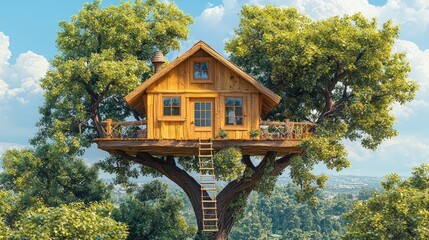A charming wooden treehouse perched high in a leafy tree, surrounded by fluffy clouds and distant hills