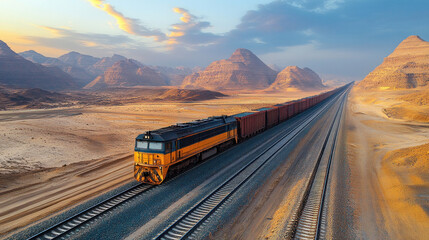 Saudi Arabian industrial rail transport, cargo trains carrying steel and construction materials