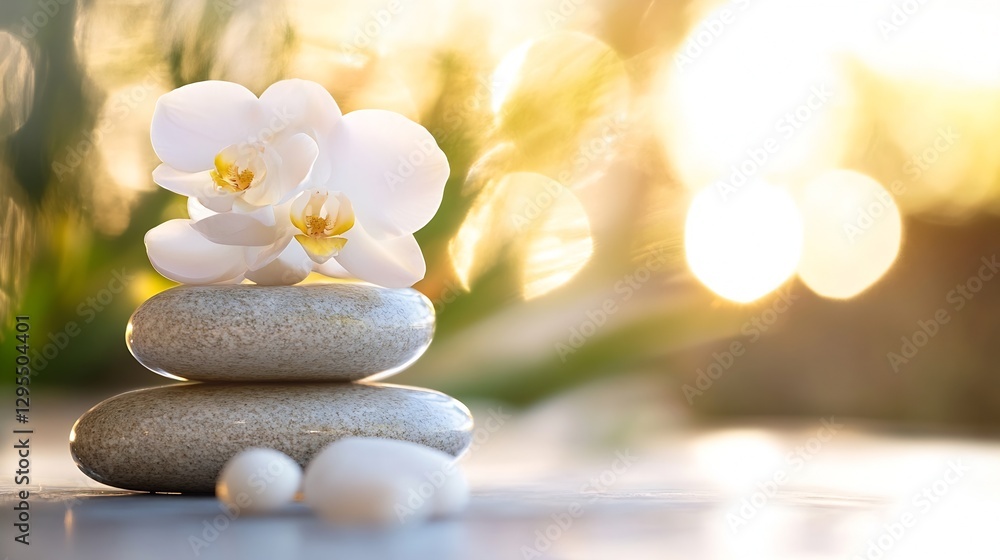 Poster delicate white orchids on zen stones with backlight : generative ai