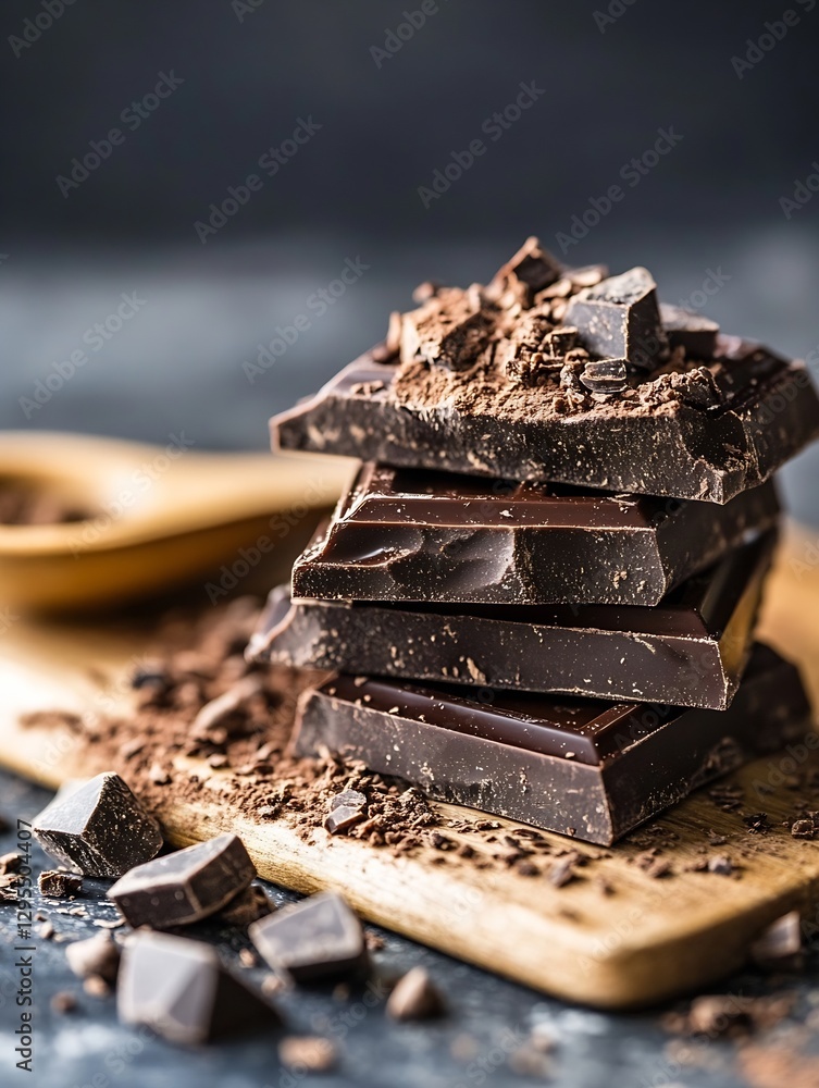 Poster rich dark chocolate bars piled high with chocolate shavings on a cutting board create a decadent tre