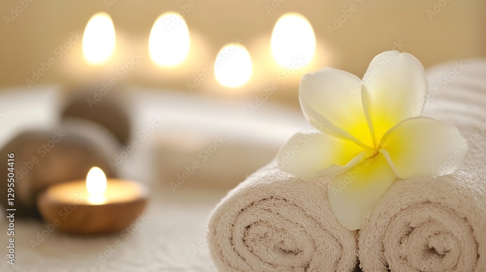 Aufkleber serene spa setting with rolled towels and frangipani flower for relaxation : generative ai