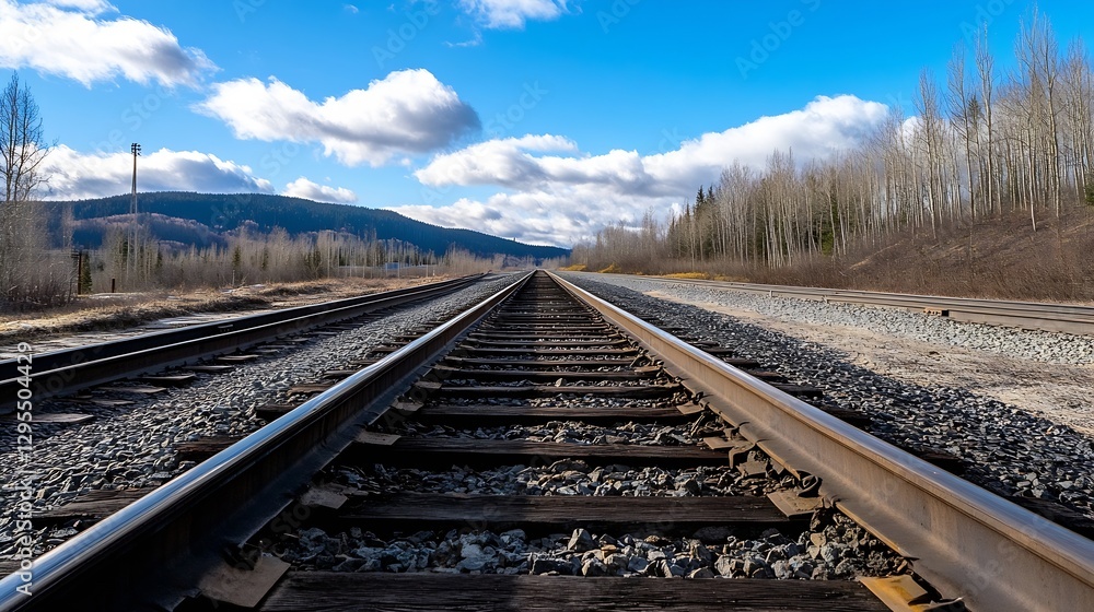 Poster empty railway tracks stretching into the horizon under a bright blue sky : generative ai