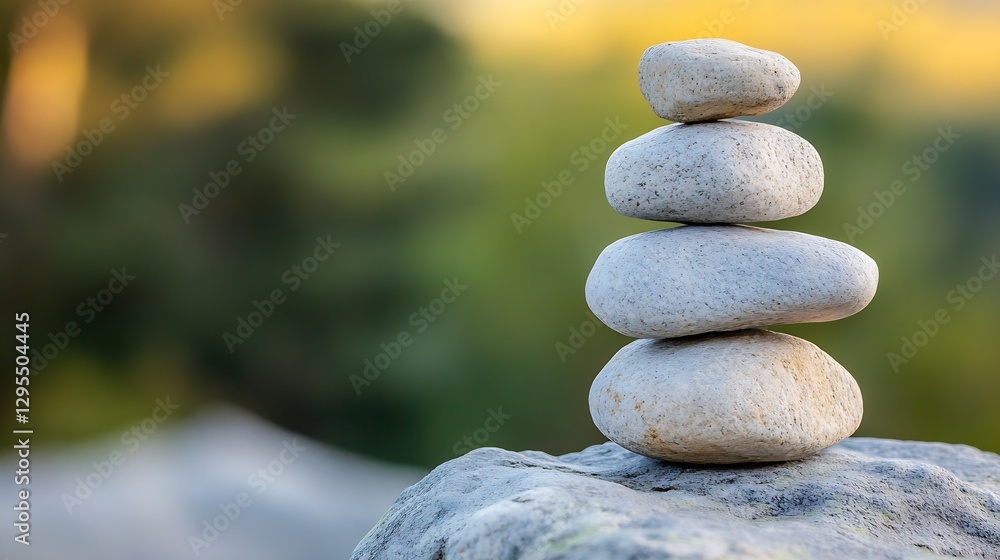 Fototapete Stack of smooth pebbles balanced on a rock representing tranquility and harmony in nature : Generative AI
