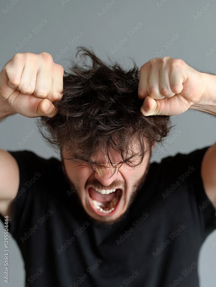 Poster frustrated man clenching fists and expressing anger against gray background : generative ai