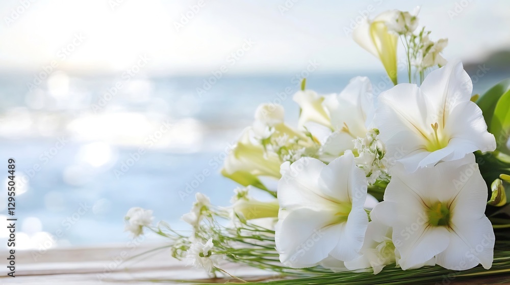Poster beautiful white flowers arranged with ocean view in soft natural light : generative ai