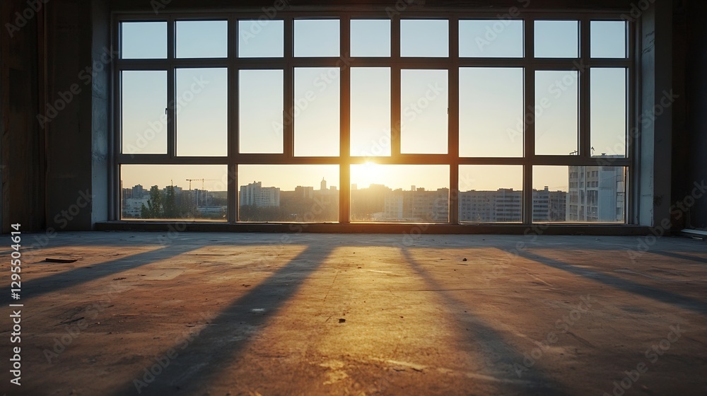 Aufkleber Sunset illuminating an urban skyline through large windows showcasing modern architecture and soft reflections : Generative AI