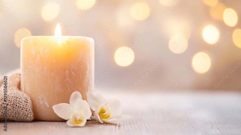 Poster a cozy candle lit with a flower beside it and a blurred background of warm lights : generative ai