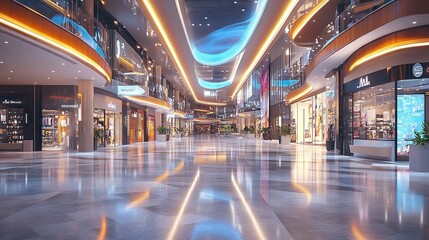 A spacious lobby featuring various company boutiques and a large hypermarket